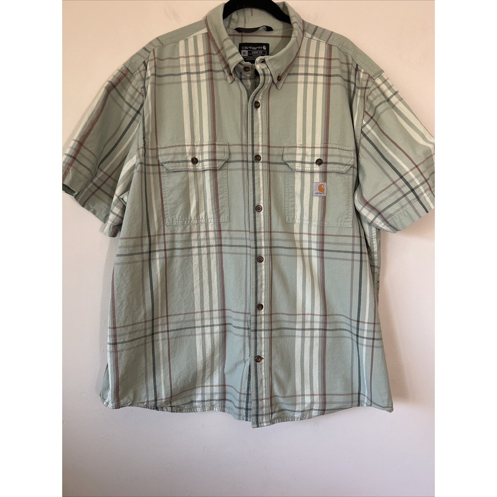 CARHARTT MEN'S LOOSE FIT MIDWEIGHT PLAID PRINT SHORT SLEEVE BUTTON-DOWN SHIRT XL